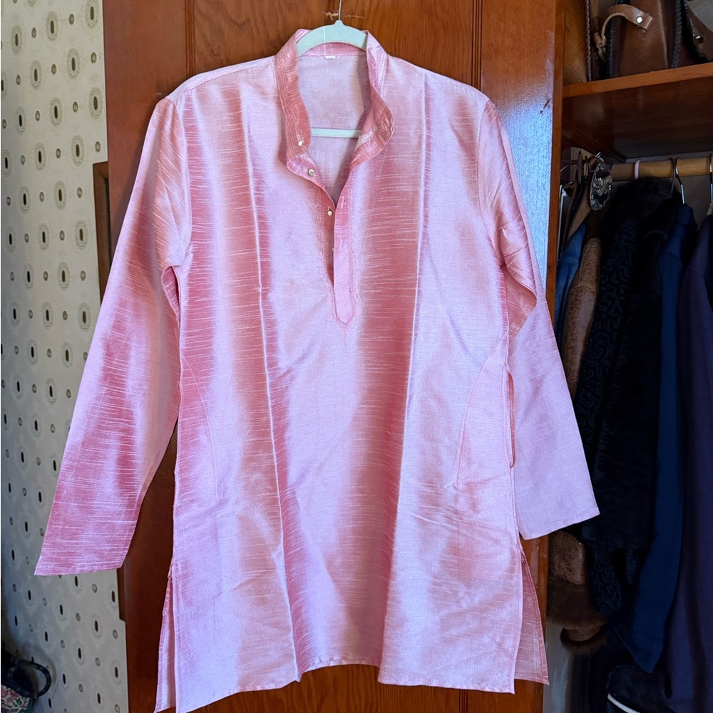 Pink Long Sleeve Dupioni Silk Tunic